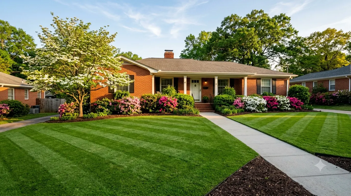 Freshly mowed striped front lawn in front of a brick house